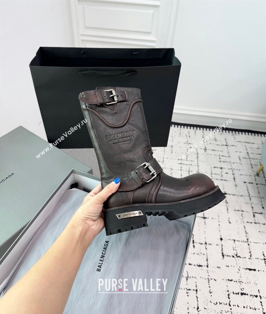 Balenciaga Venom Short Boots in Calfskin with Buckle Strap Brown 2025 (KER-250708115)