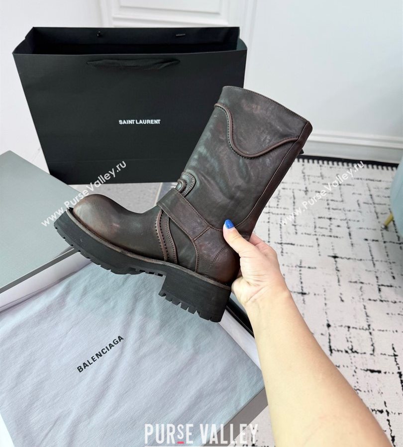 Balenciaga Venom Short Boots in Calfskin with Buckle Strap Brown 2025 (KER-250708115)