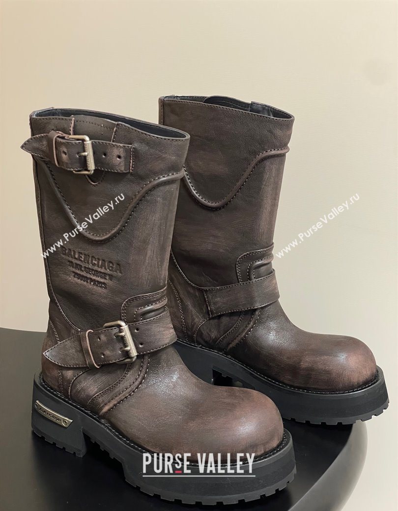 Balenciaga Womens Venom Mid Boots 5cm with Strap Buckle in Calfskin Brown 2025 (MD-250827021)