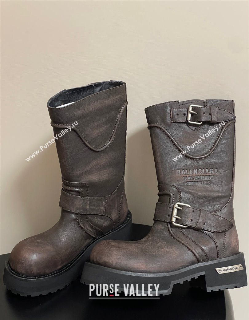 Balenciaga Womens Venom Mid Boots 5cm with Strap Buckle in Calfskin Brown 2025 (MD-250827021)