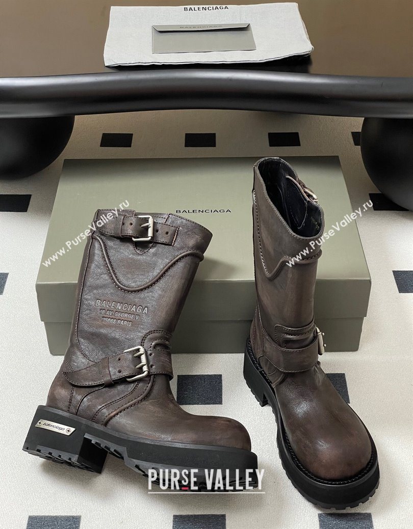 Balenciaga Womens Venom Mid Boots 5cm with Strap Buckle in Calfskin Brown 2025 (MD-250827021)