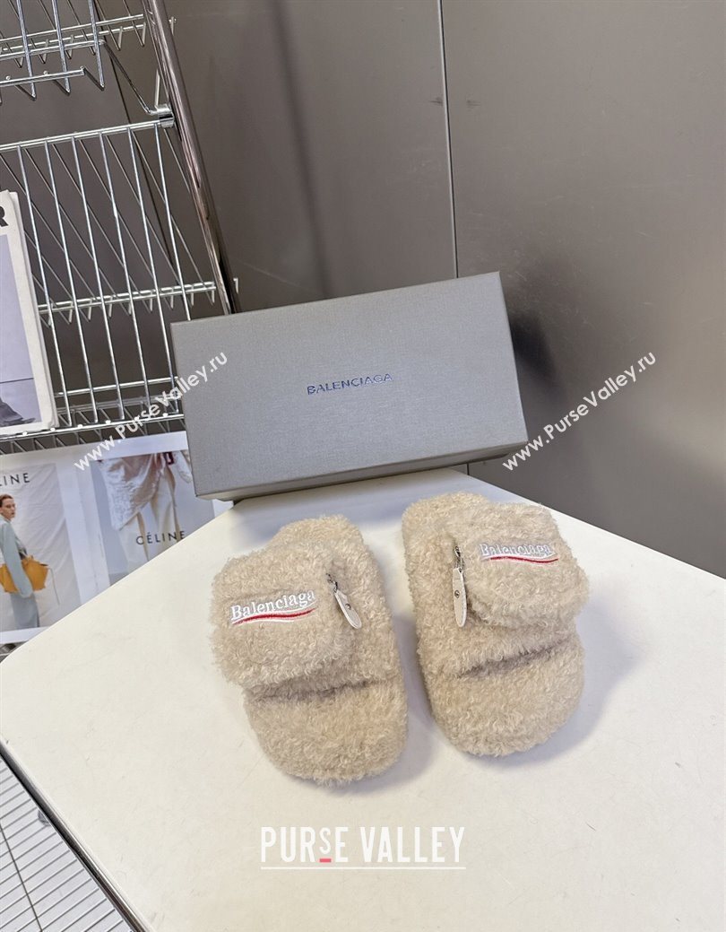 Balenciaga Shearling-Like Platform Slides Sandal Beige 2025 0827 (MD-250827016)