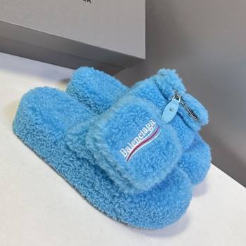 Balenciaga Shearling-Like Platform Slides Sandal Blue 2025 0827 (MD-250827015)