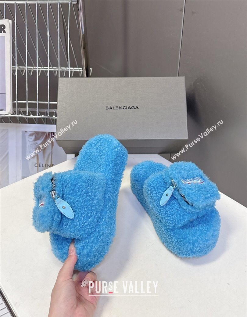 Balenciaga Shearling-Like Platform Slides Sandal Blue 2025 0827 (MD-250827015)