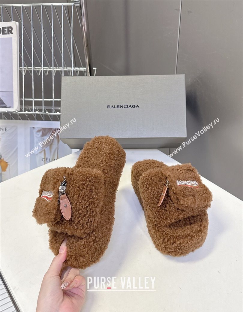 Balenciaga Shearling-Like Platform Slides Sandal Brown 2025 0827 (MD-250827014)