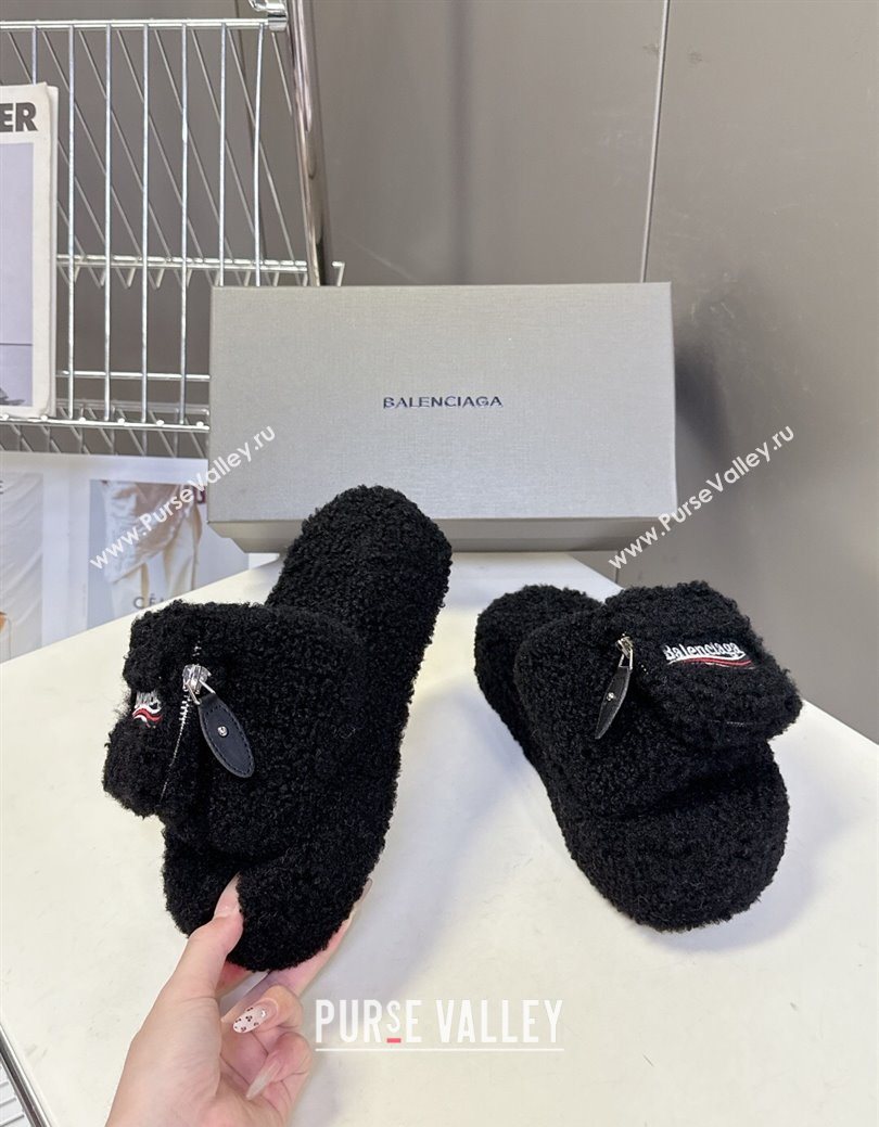 Balenciaga Shearling-Like Platform Slides Sandal Black 2025 0827 (MD-250827013)
