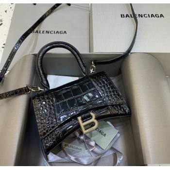 Balenciaga Hourglass Mini Top Handle Bag in Crocodile Embossed Calfskin Black/Silver 2025 (JM-250926070)