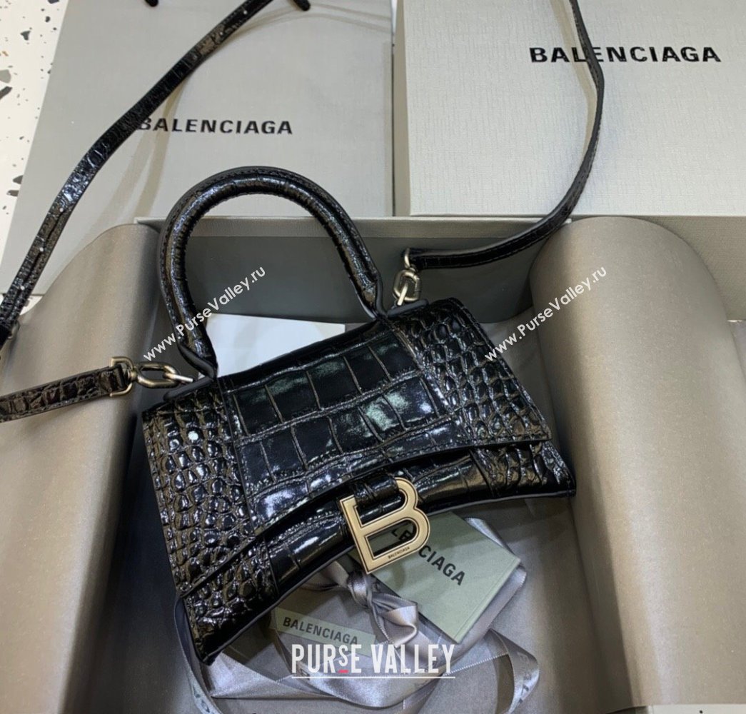 Balenciaga Hourglass Mini Top Handle Bag in Crocodile Embossed Calfskin Black/Silver 2025 (JM-250926070)