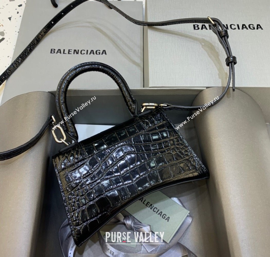 Balenciaga Hourglass Mini Top Handle Bag in Crocodile Embossed Calfskin Black/Silver 2025 (JM-250926070)