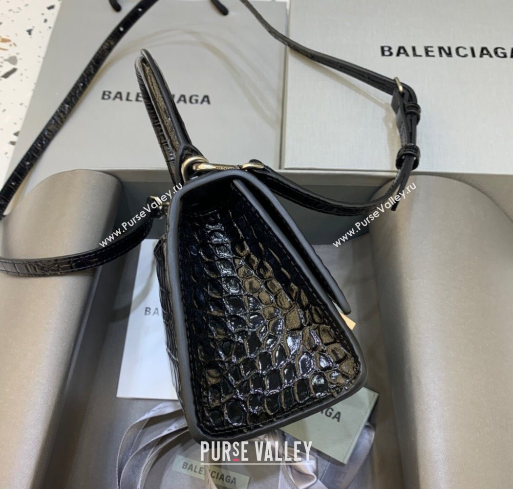 Balenciaga Hourglass Mini Top Handle Bag in Crocodile Embossed Calfskin Black/Silver 2025 (JM-250926070)