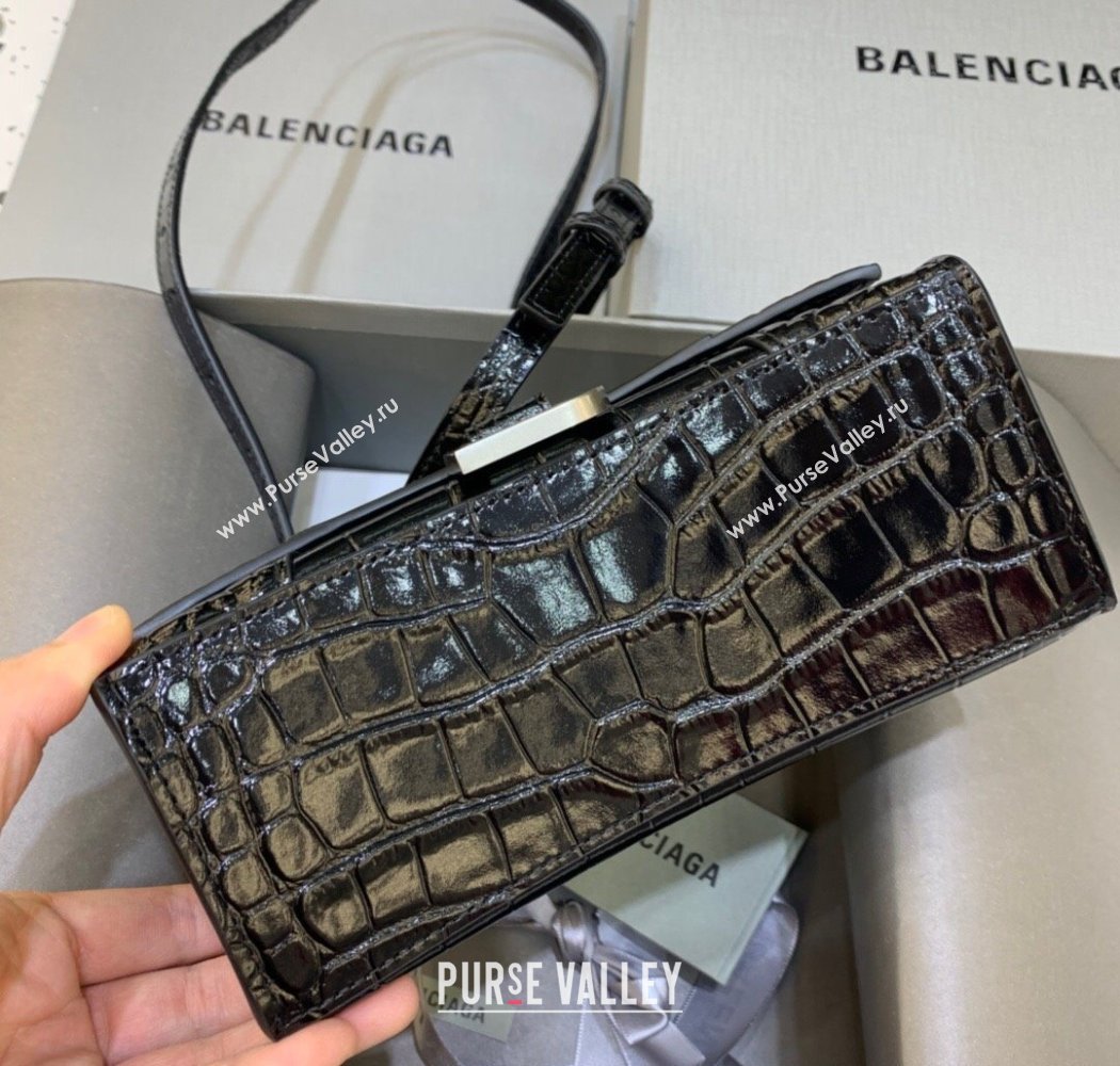 Balenciaga Hourglass Mini Top Handle Bag in Crocodile Embossed Calfskin Black/Silver 2025 (JM-250926070)