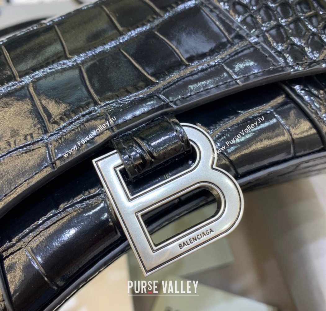 Balenciaga Hourglass Mini Top Handle Bag in Crocodile Embossed Calfskin Black/Silver 2025 (JM-250926070)