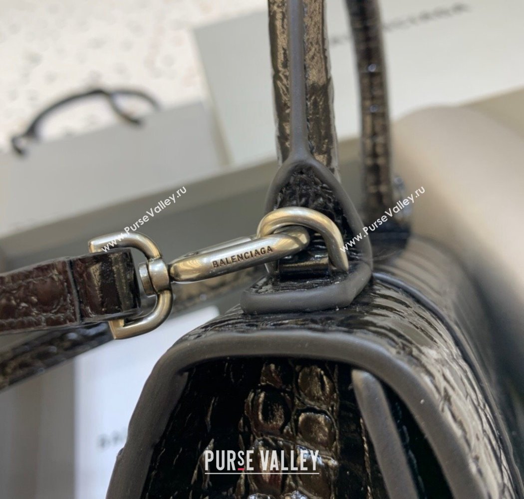 Balenciaga Hourglass Mini Top Handle Bag in Crocodile Embossed Calfskin Black/Silver 2025 (JM-250926070)
