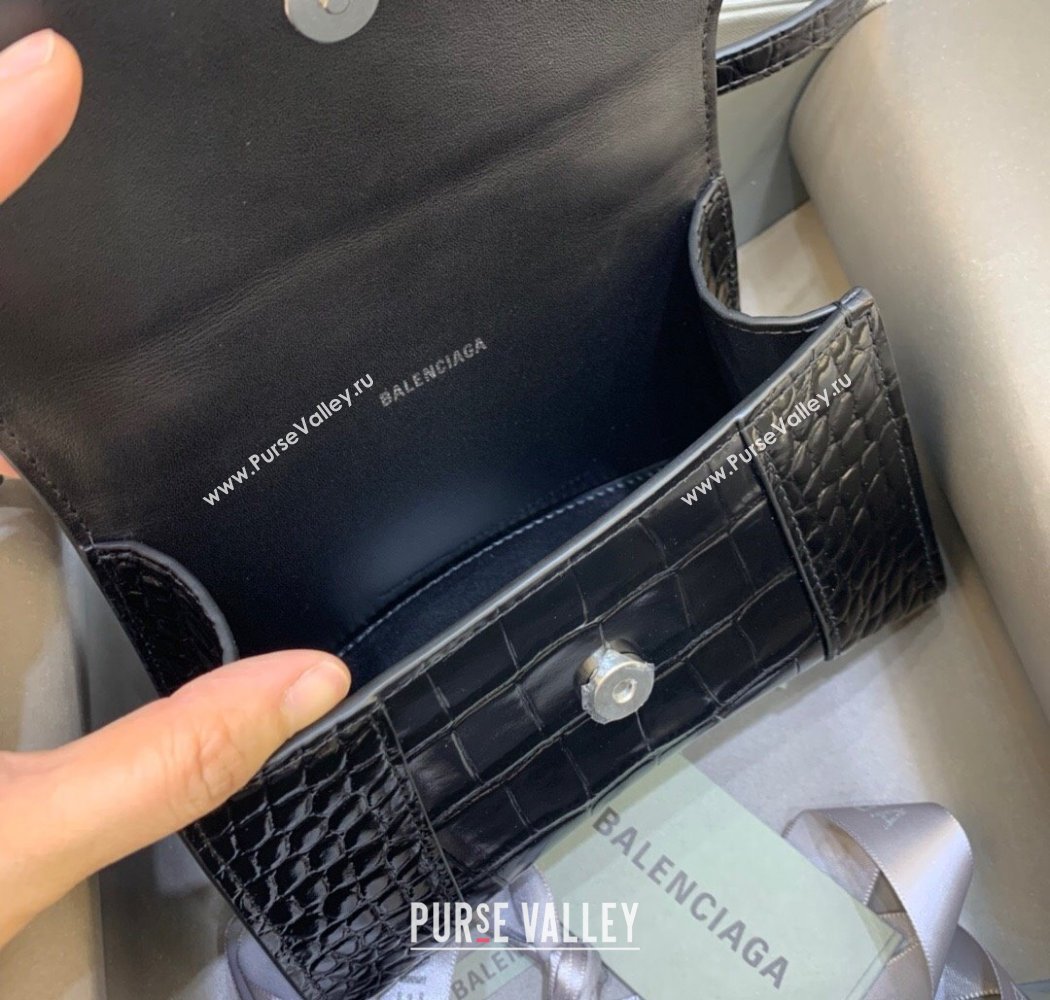 Balenciaga Hourglass Mini Top Handle Bag in Crocodile Embossed Calfskin Black/Silver 2025 (JM-250926070)