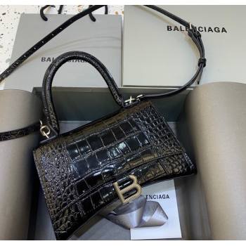 Balenciaga Hourglass Small Top Handle Bag in Crocodile Embossed Calfskin Black/Silver 2025 (JM-250926071)