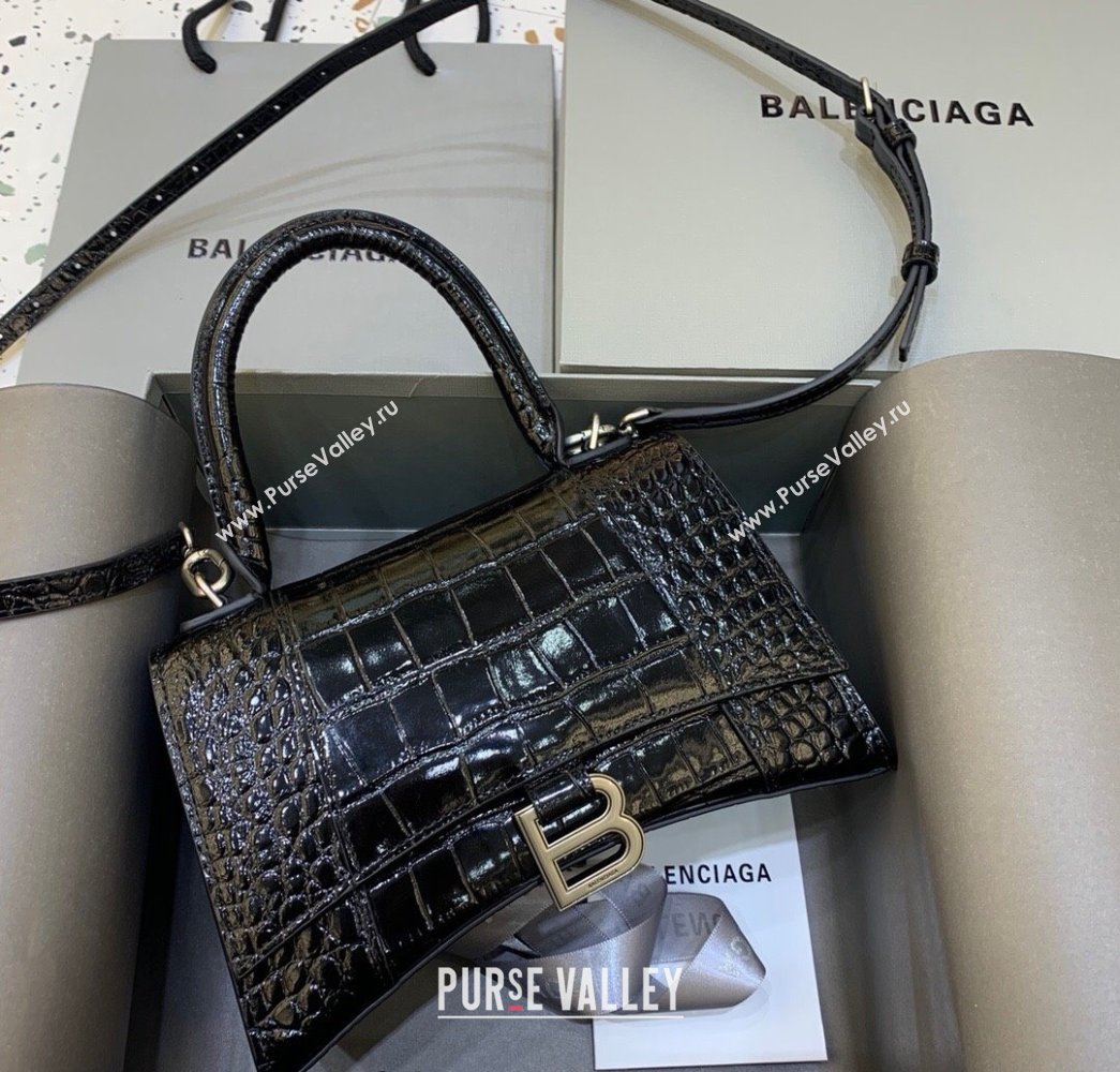 Balenciaga Hourglass Small Top Handle Bag in Crocodile Embossed Calfskin Black/Silver 2025 (JM-250926071)