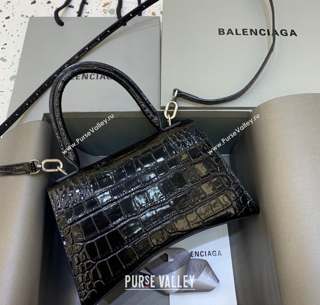 Balenciaga Hourglass Small Top Handle Bag in Crocodile Embossed Calfskin Black/Silver 2025 (JM-250926071)