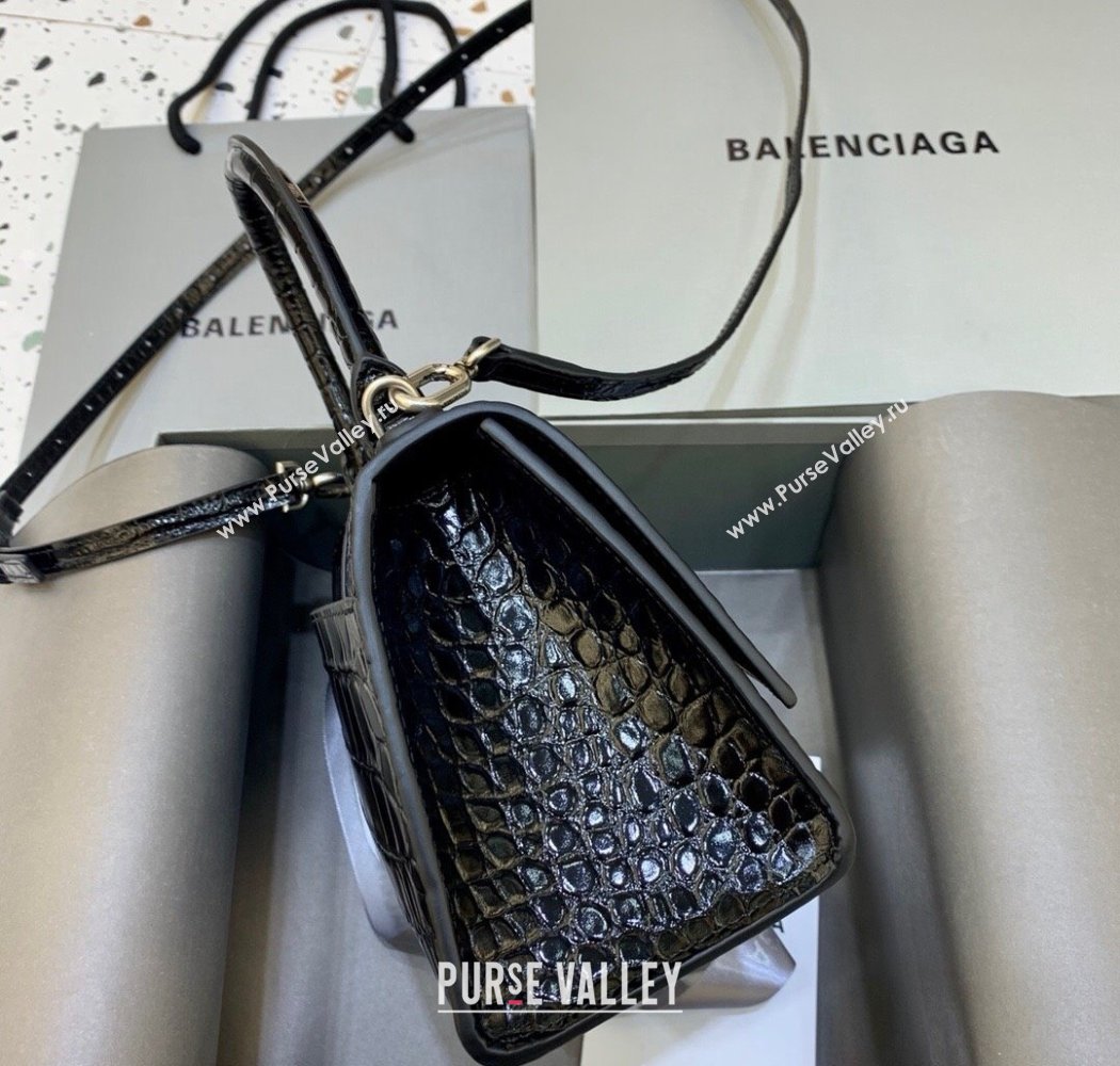 Balenciaga Hourglass Small Top Handle Bag in Crocodile Embossed Calfskin Black/Silver 2025 (JM-250926071)
