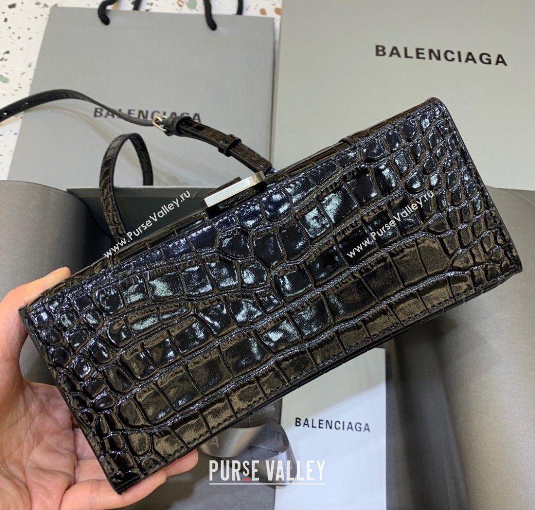 Balenciaga Hourglass Small Top Handle Bag in Crocodile Embossed Calfskin Black/Silver 2025 (JM-250926071)