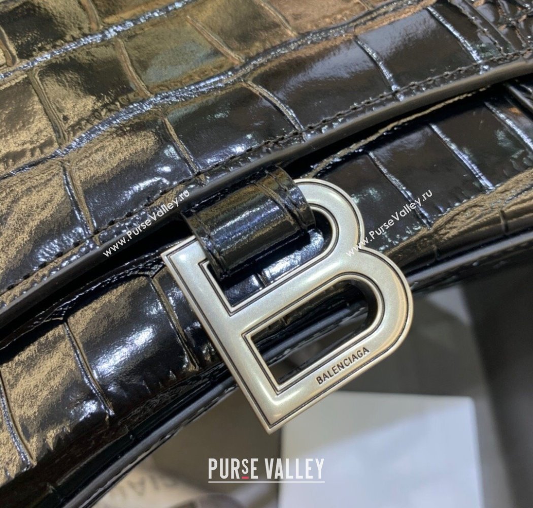 Balenciaga Hourglass Small Top Handle Bag in Crocodile Embossed Calfskin Black/Silver 2025 (JM-250926071)