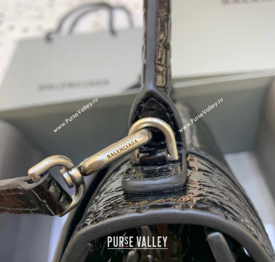 Balenciaga Hourglass Small Top Handle Bag in Crocodile Embossed Calfskin Black/Silver 2025 (JM-250926071)