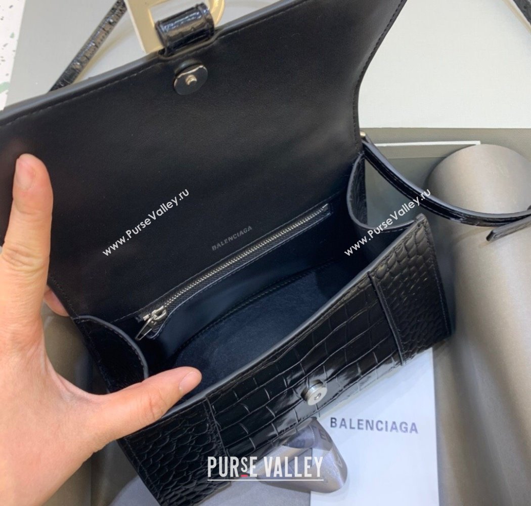 Balenciaga Hourglass Small Top Handle Bag in Crocodile Embossed Calfskin Black/Silver 2025 (JM-250926071)