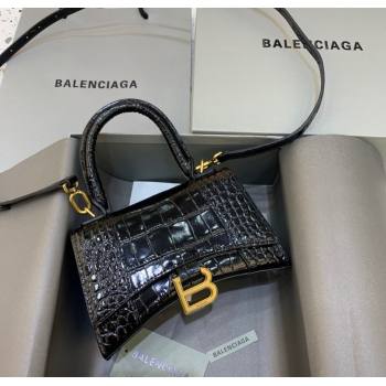 Balenciaga Hourglass Mini Top Handle Bag in Crocodile Embossed Calfskin Black/Gold 2025 (JM-250926072)