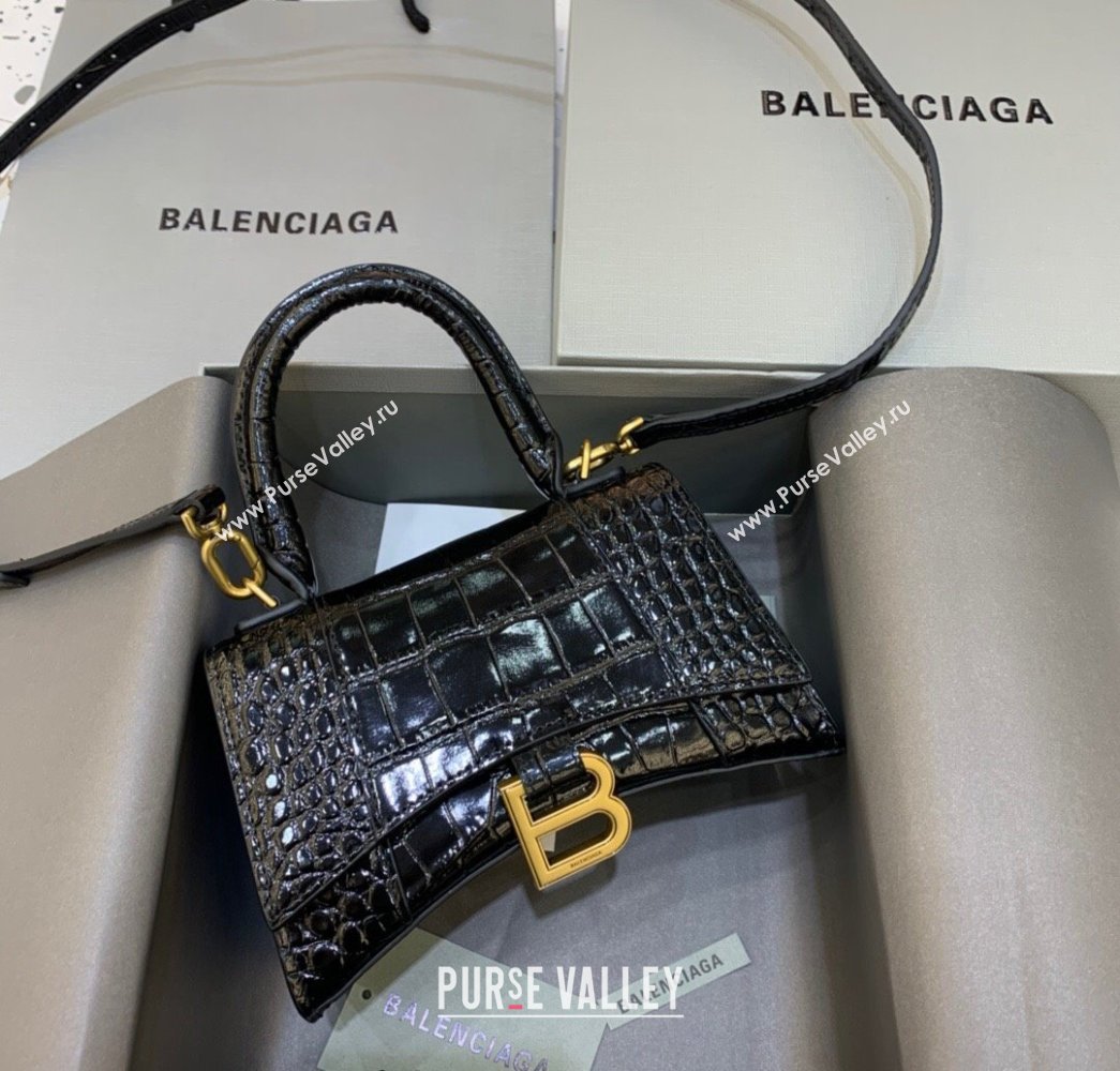 Balenciaga Hourglass Mini Top Handle Bag in Crocodile Embossed Calfskin Black/Gold 2025 (JM-250926072)