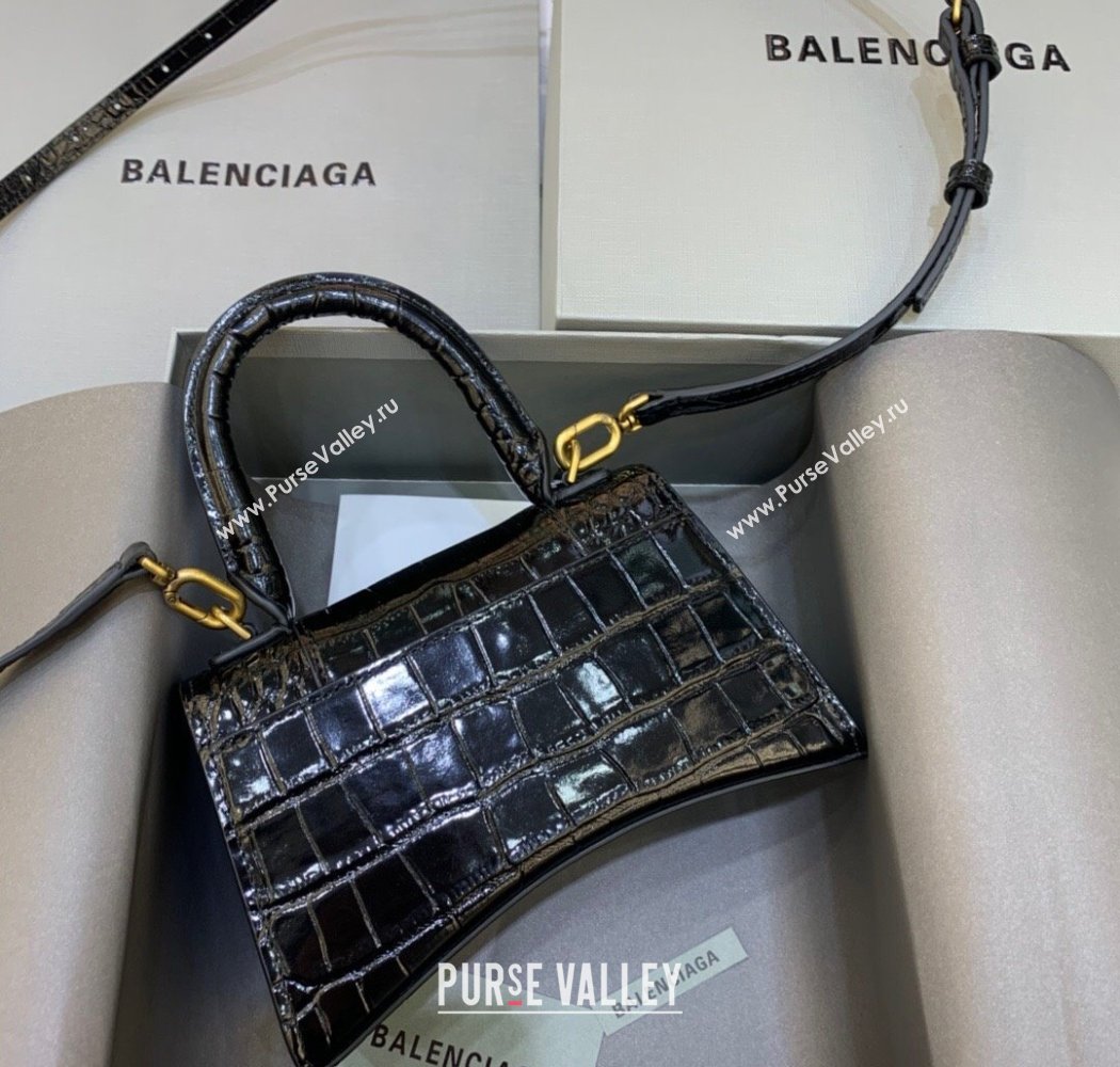 Balenciaga Hourglass Mini Top Handle Bag in Crocodile Embossed Calfskin Black/Gold 2025 (JM-250926072)