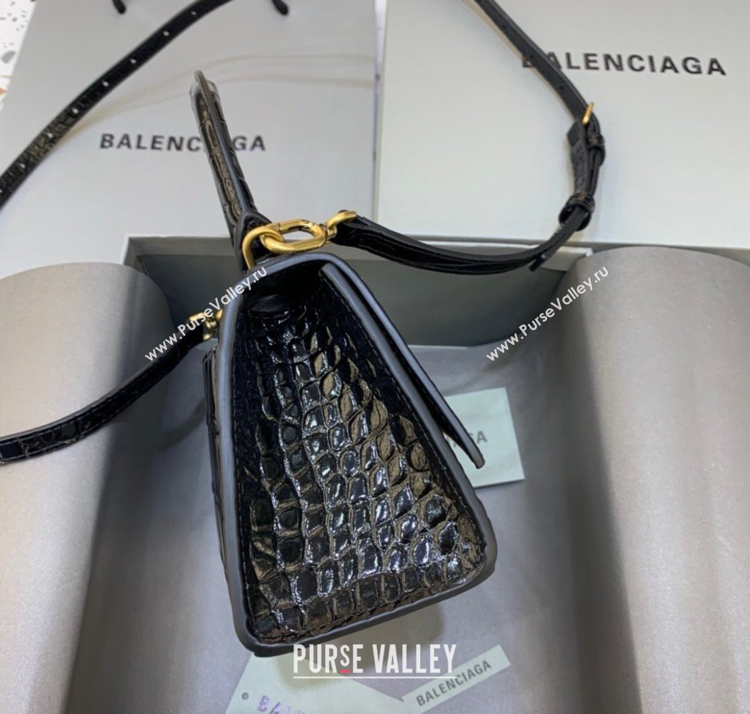 Balenciaga Hourglass Mini Top Handle Bag in Crocodile Embossed Calfskin Black/Gold 2025 (JM-250926072)