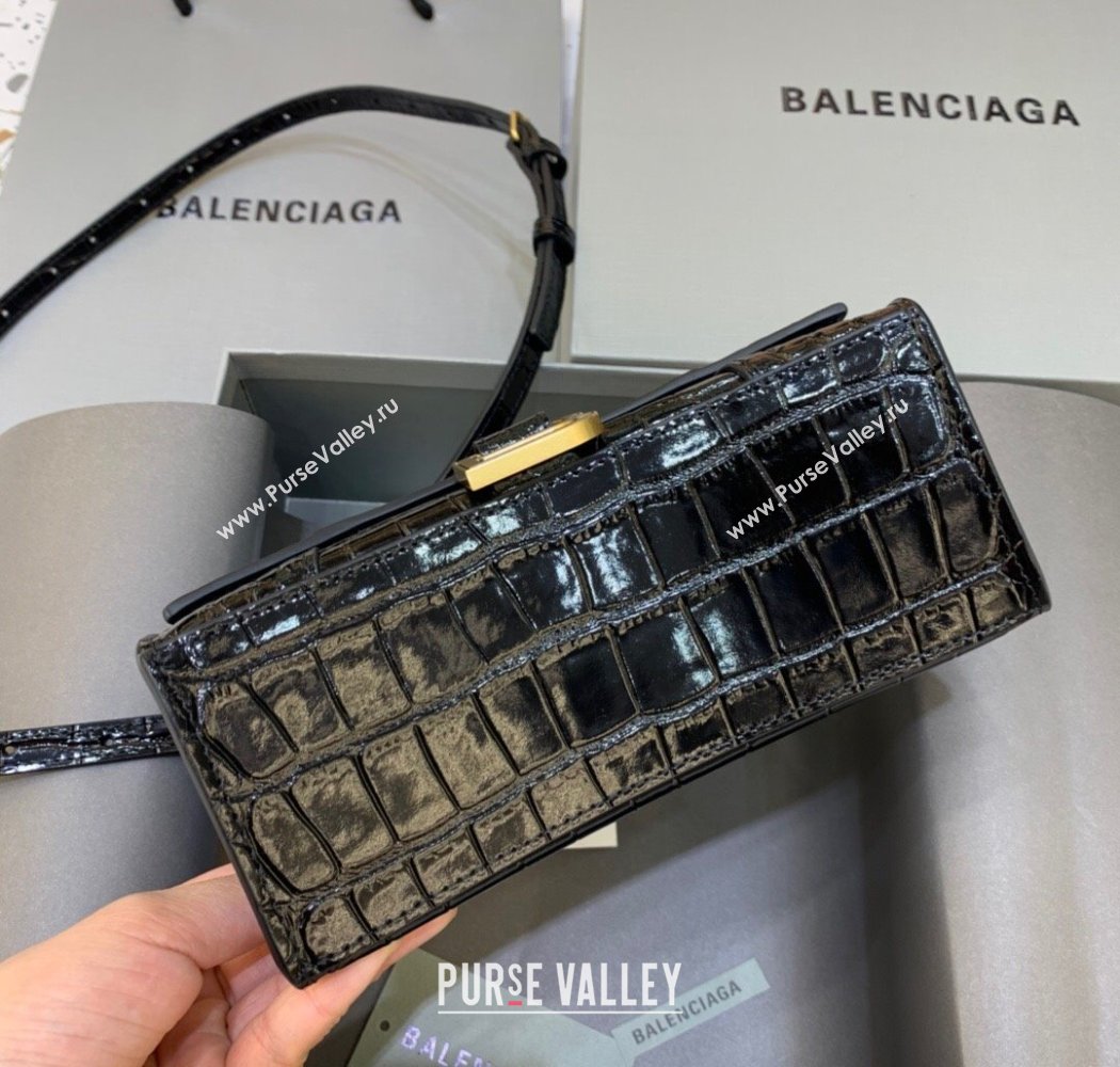 Balenciaga Hourglass Mini Top Handle Bag in Crocodile Embossed Calfskin Black/Gold 2025 (JM-250926072)