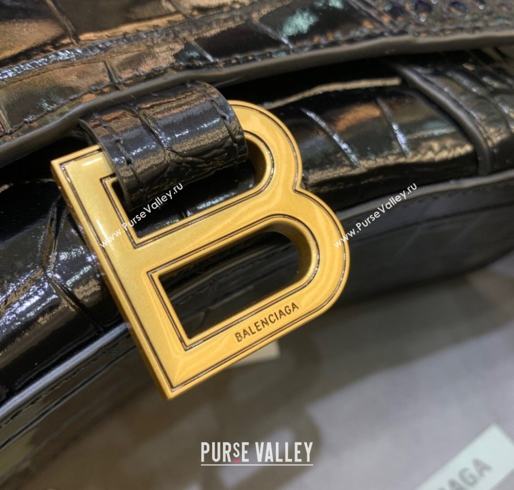 Balenciaga Hourglass Mini Top Handle Bag in Crocodile Embossed Calfskin Black/Gold 2025 (JM-250926072)