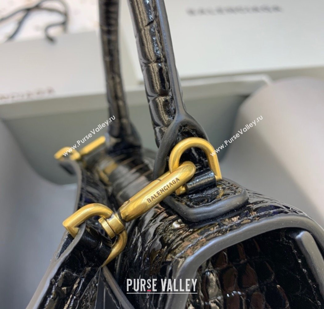 Balenciaga Hourglass Mini Top Handle Bag in Crocodile Embossed Calfskin Black/Gold 2025 (JM-250926072)