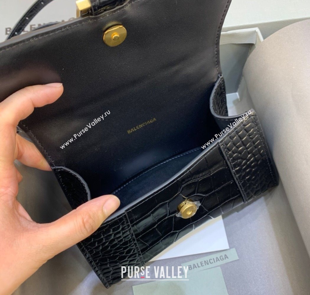 Balenciaga Hourglass Mini Top Handle Bag in Crocodile Embossed Calfskin Black/Gold 2025 (JM-250926072)