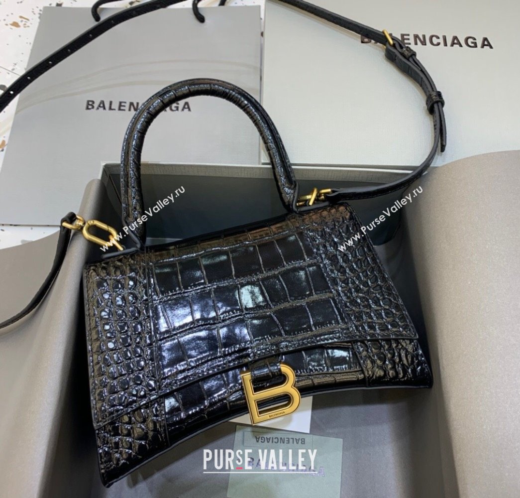 Balenciaga Hourglass Small Top Handle Bag in Crocodile Embossed Calfskin Black/Gold 2025 (JM-250926073)