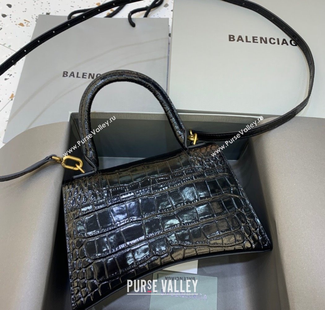 Balenciaga Hourglass Small Top Handle Bag in Crocodile Embossed Calfskin Black/Gold 2025 (JM-250926073)