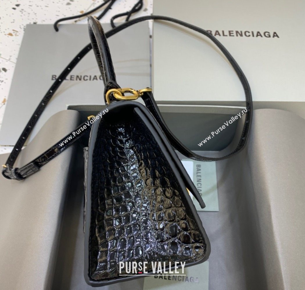 Balenciaga Hourglass Small Top Handle Bag in Crocodile Embossed Calfskin Black/Gold 2025 (JM-250926073)