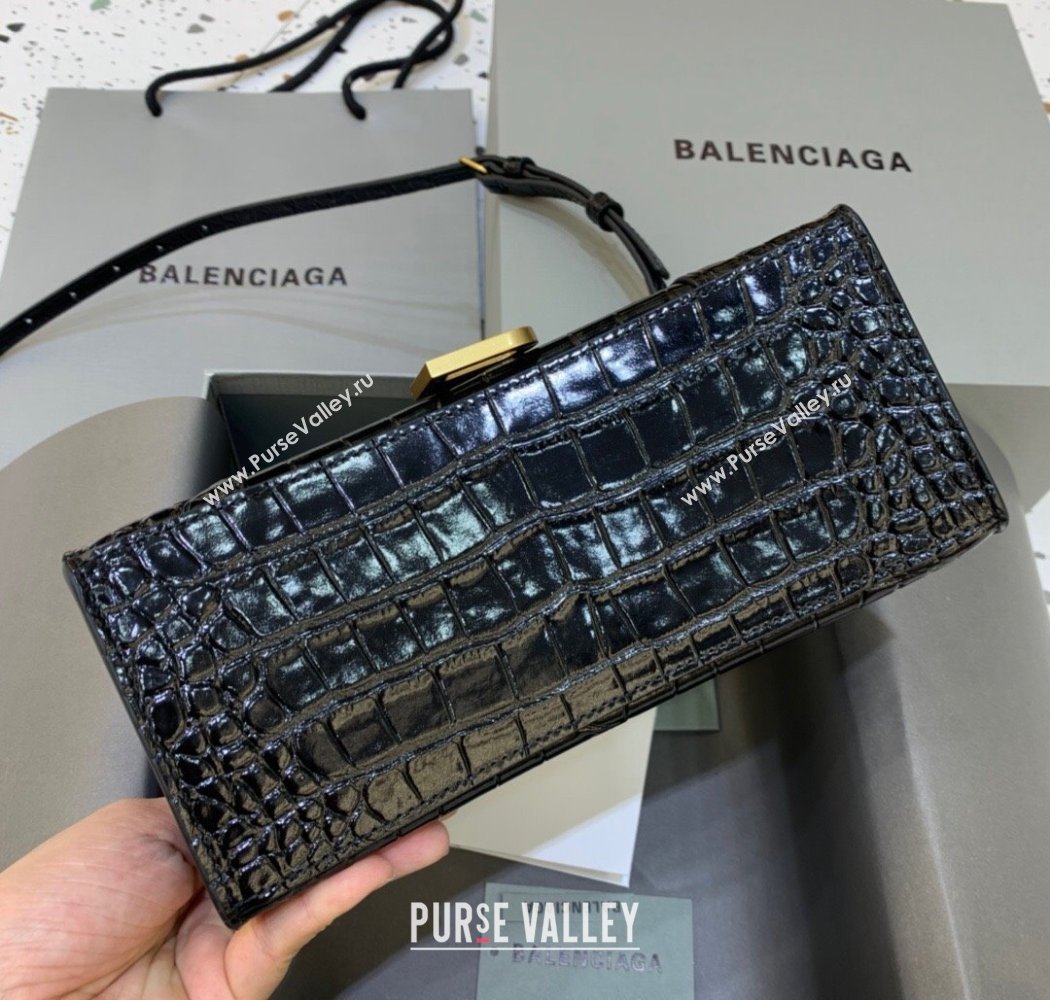 Balenciaga Hourglass Small Top Handle Bag in Crocodile Embossed Calfskin Black/Gold 2025 (JM-250926073)