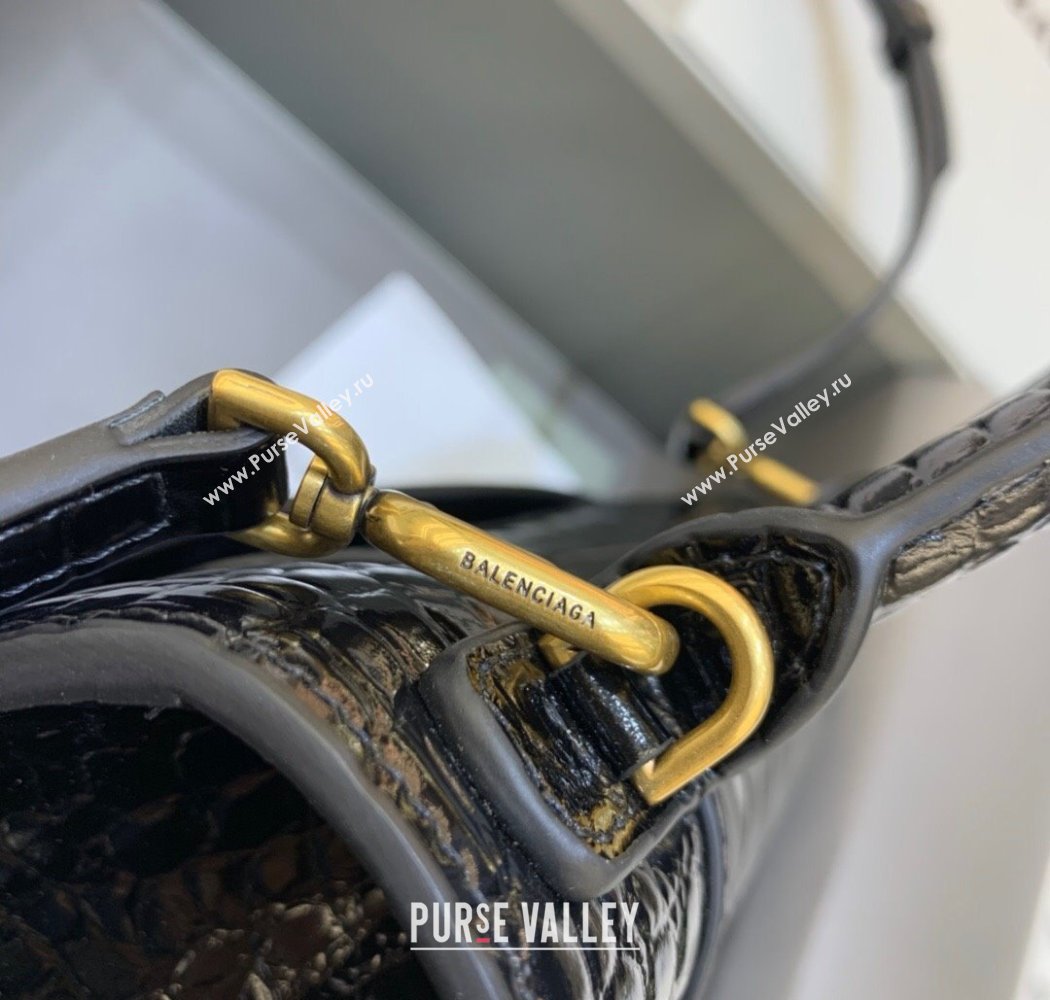 Balenciaga Hourglass Small Top Handle Bag in Crocodile Embossed Calfskin Black/Gold 2025 (JM-250926073)