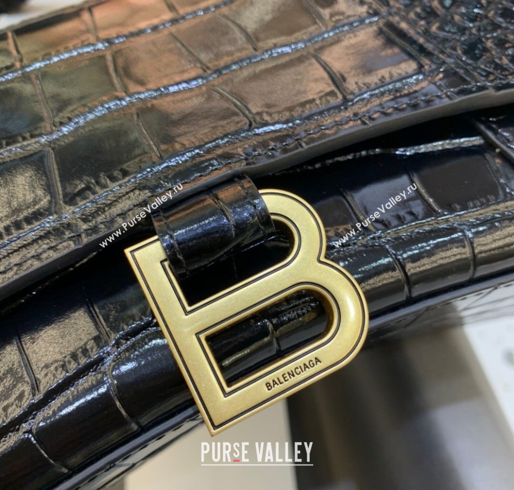 Balenciaga Hourglass Small Top Handle Bag in Crocodile Embossed Calfskin Black/Gold 2025 (JM-250926073)