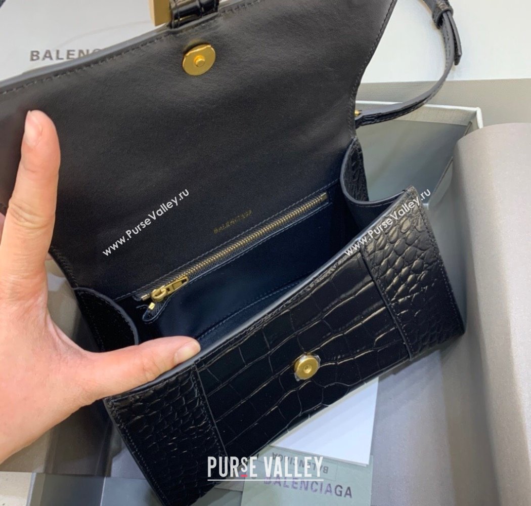 Balenciaga Hourglass Small Top Handle Bag in Crocodile Embossed Calfskin Black/Gold 2025 (JM-250926073)