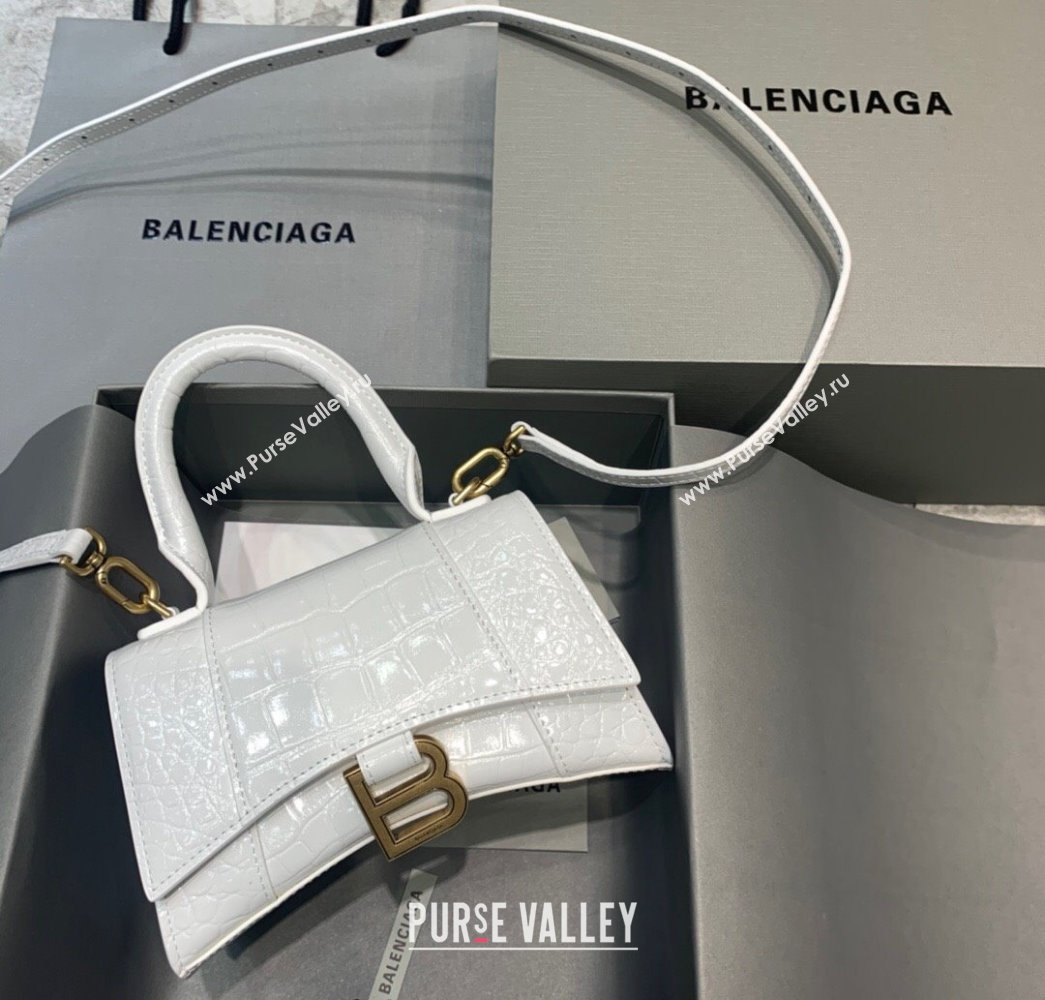 Balenciaga Hourglass Mini Top Handle Bag in Crocodile Embossed Calfskin White/Gold 2025 (JM-250926074)