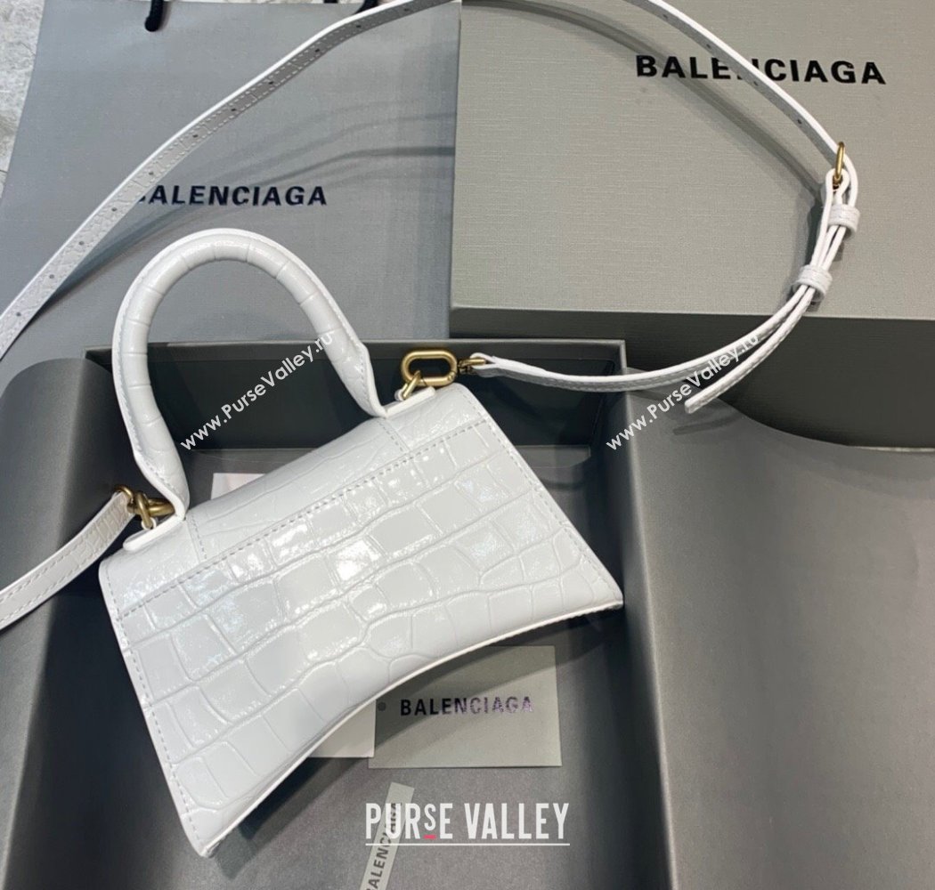 Balenciaga Hourglass Mini Top Handle Bag in Crocodile Embossed Calfskin White/Gold 2025 (JM-250926074)