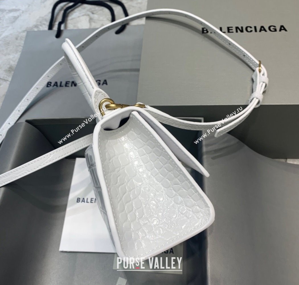 Balenciaga Hourglass Mini Top Handle Bag in Crocodile Embossed Calfskin White/Gold 2025 (JM-250926074)