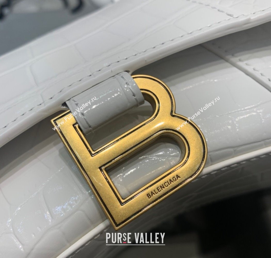 Balenciaga Hourglass Mini Top Handle Bag in Crocodile Embossed Calfskin White/Gold 2025 (JM-250926074)