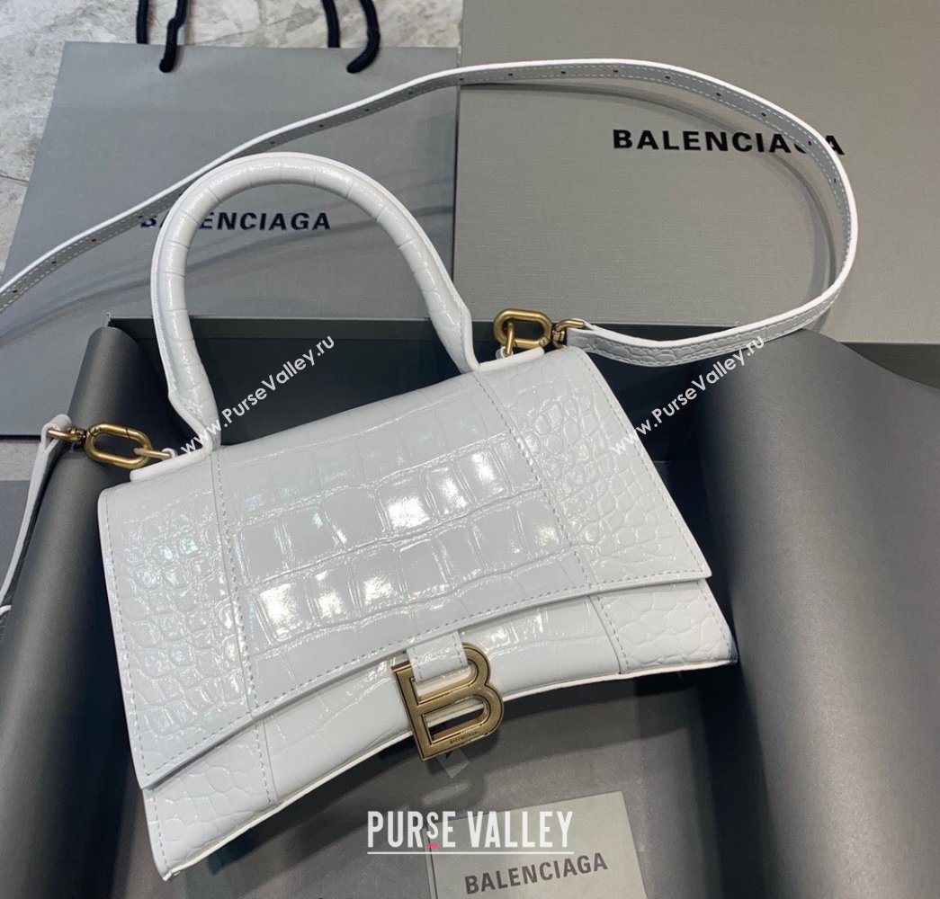 Balenciaga Hourglass Small Top Handle Bag in Crocodile Embossed Calfskin White/Gold 2025 (JM-250926075)