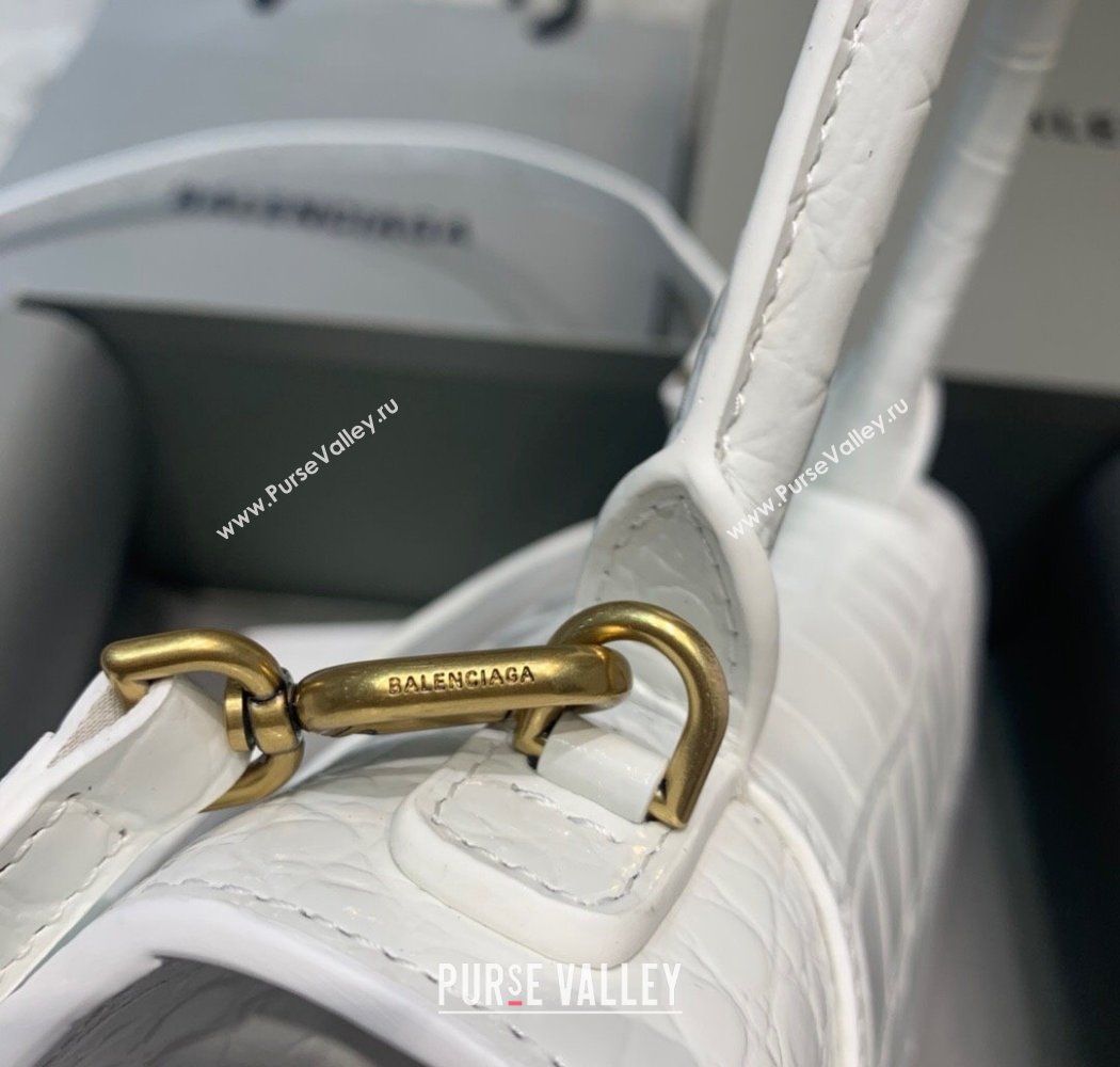 Balenciaga Hourglass Small Top Handle Bag in Crocodile Embossed Calfskin White/Gold 2025 (JM-250926075)