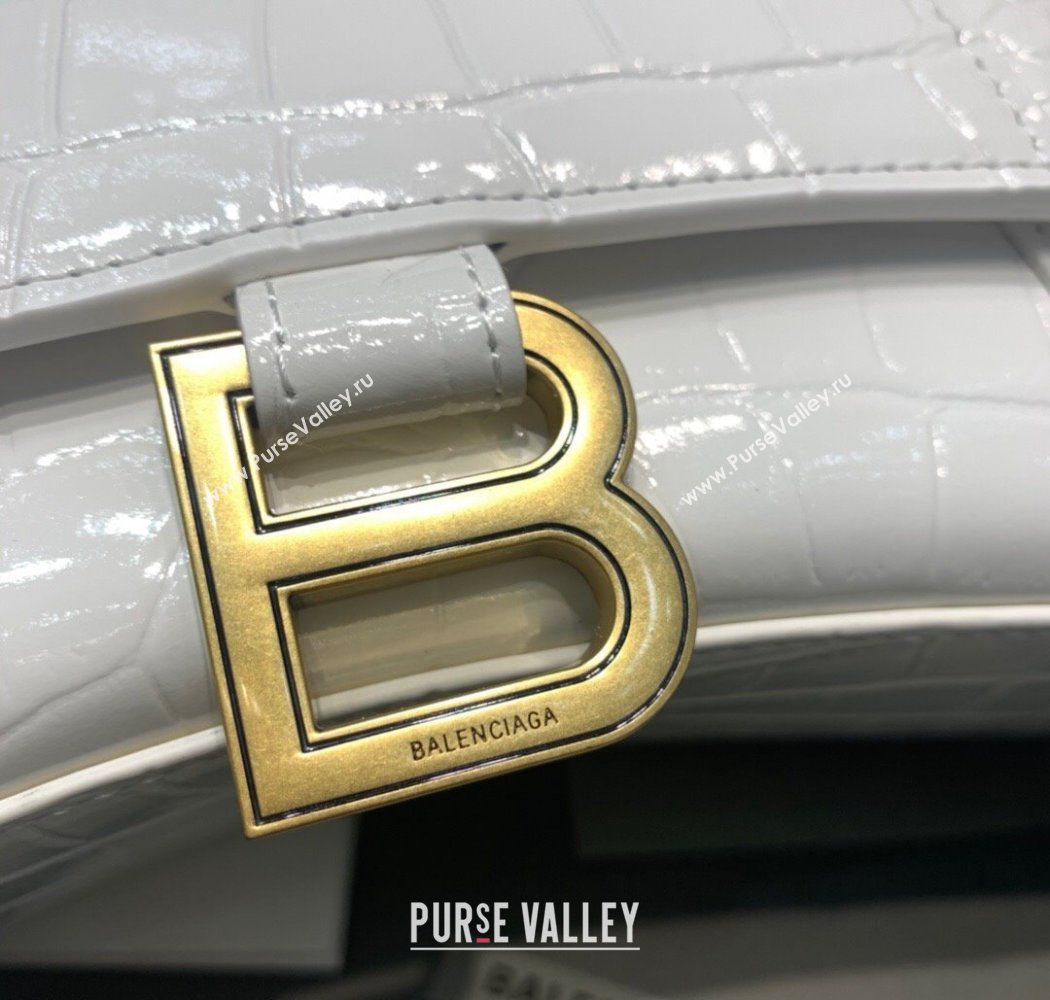 Balenciaga Hourglass Small Top Handle Bag in Crocodile Embossed Calfskin White/Gold 2025 (JM-250926075)