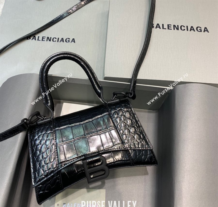 Balenciaga Hourglass Mini Top Handle Bag in Crocodile Embossed Calfskin All Black 2025 (JM-250926076)