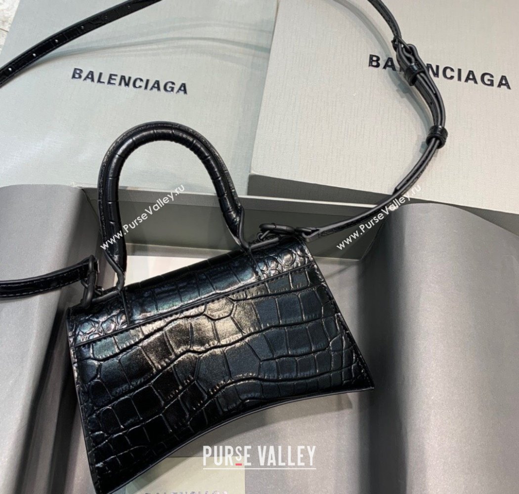 Balenciaga Hourglass Mini Top Handle Bag in Crocodile Embossed Calfskin All Black 2025 (JM-250926076)